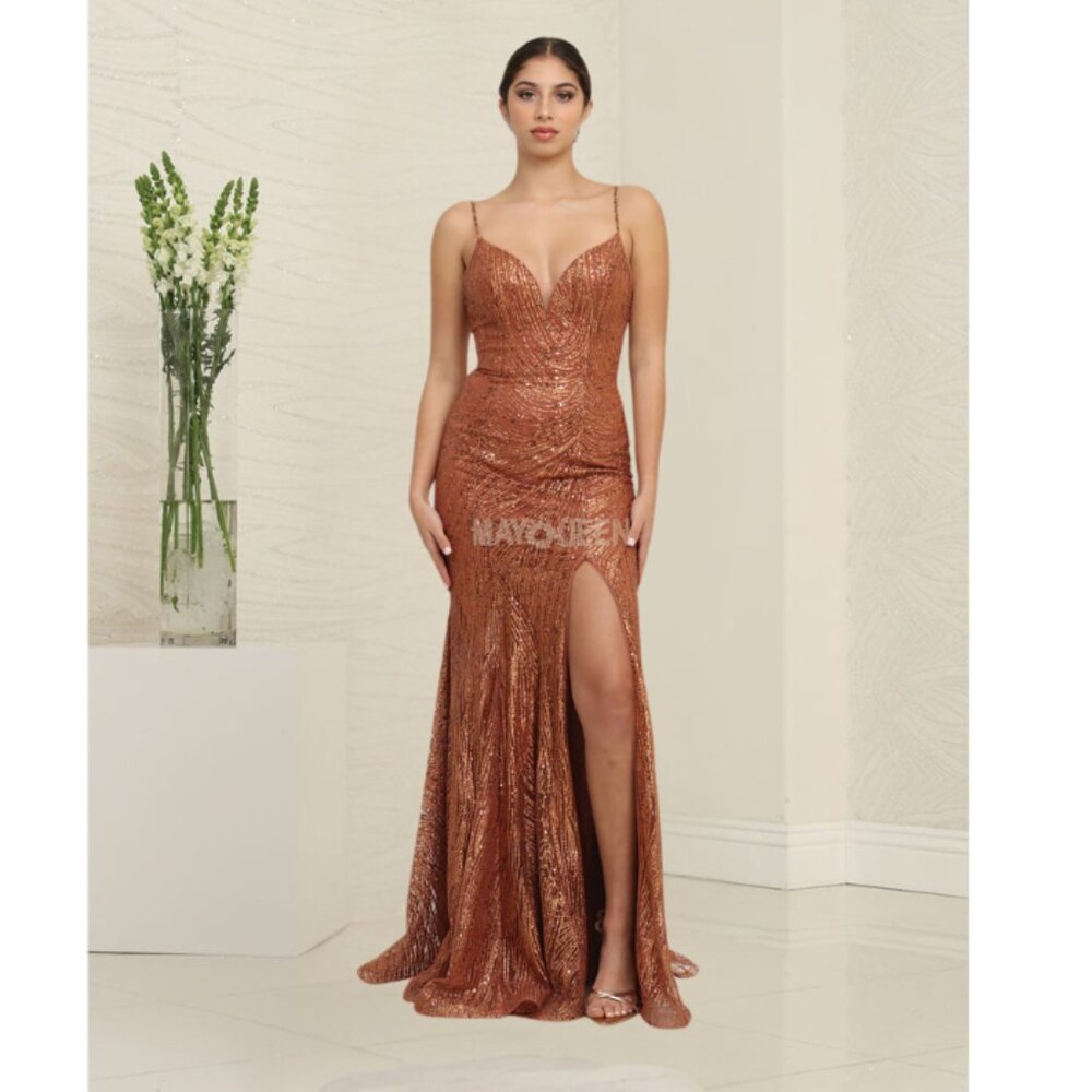 Rust Prom Long V-Neck Spaghetti Straps Mermaid/Trumpet Dress By May Queen MQ1905